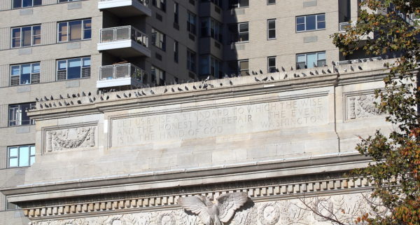 Two rows of Washington Square Park pigeons sitting on the arch