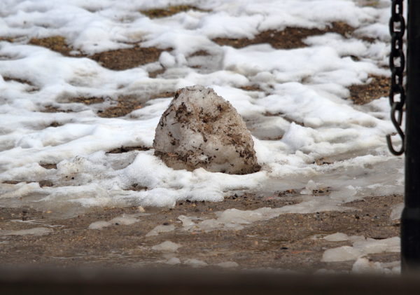 Washington Square Park snowman stump on snowy lawn